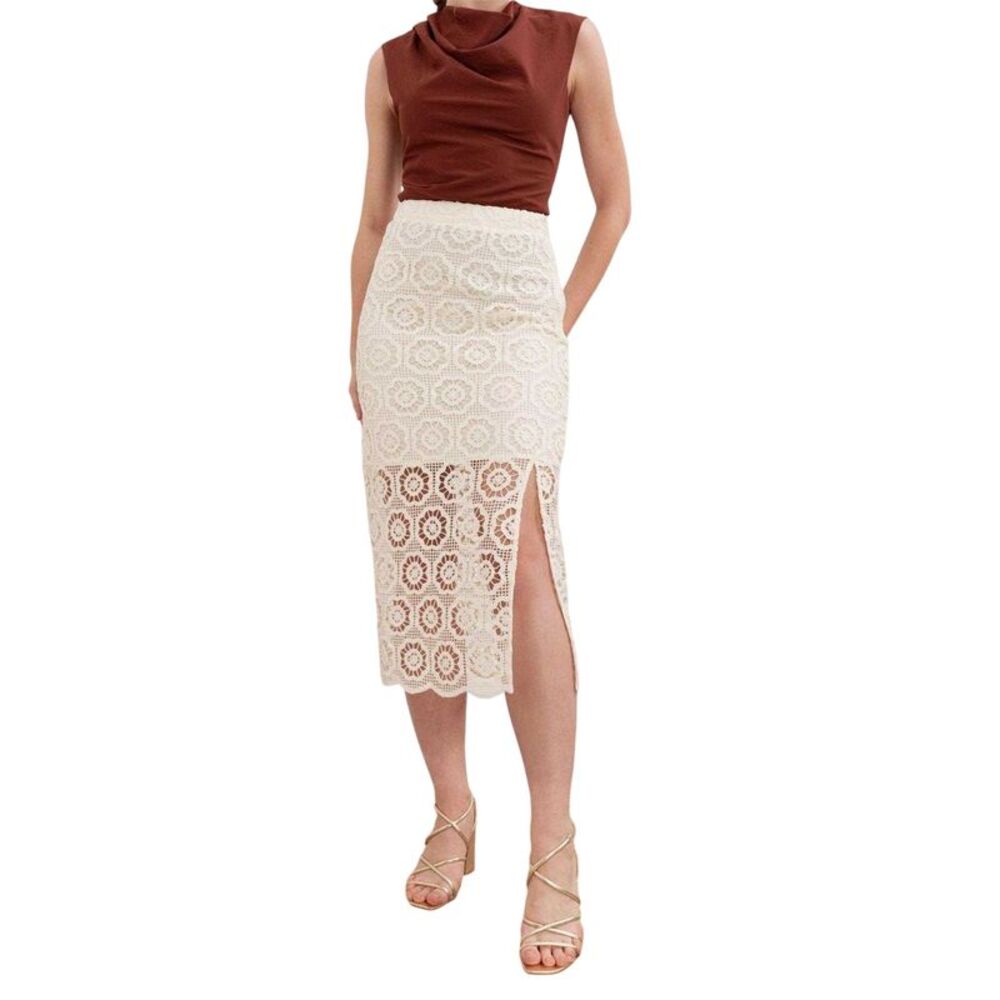 Lovedrobe Womens/Ladies Floral Pattern Crochet High Waist Midi Skirt / Cream